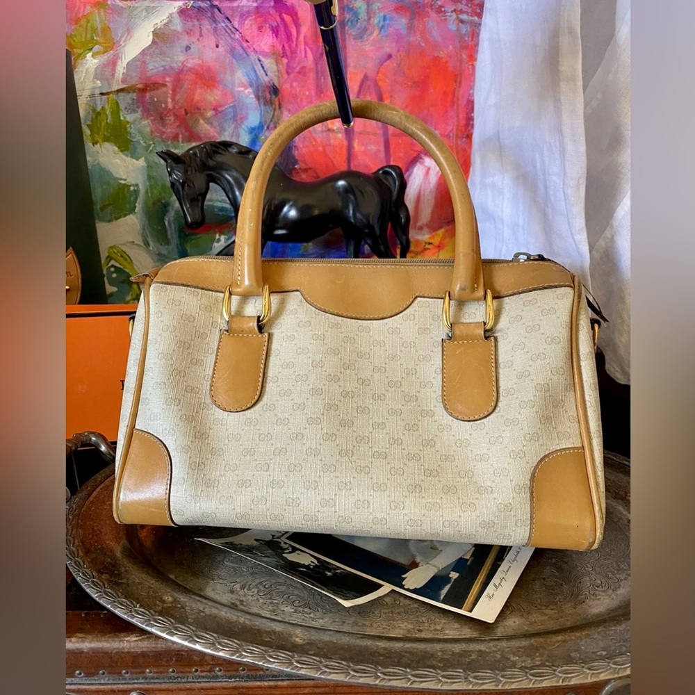 Rare Vintage GUCCI GG  Micro Monogram Boston Beige Speedy Purse Bag Tote Luxury